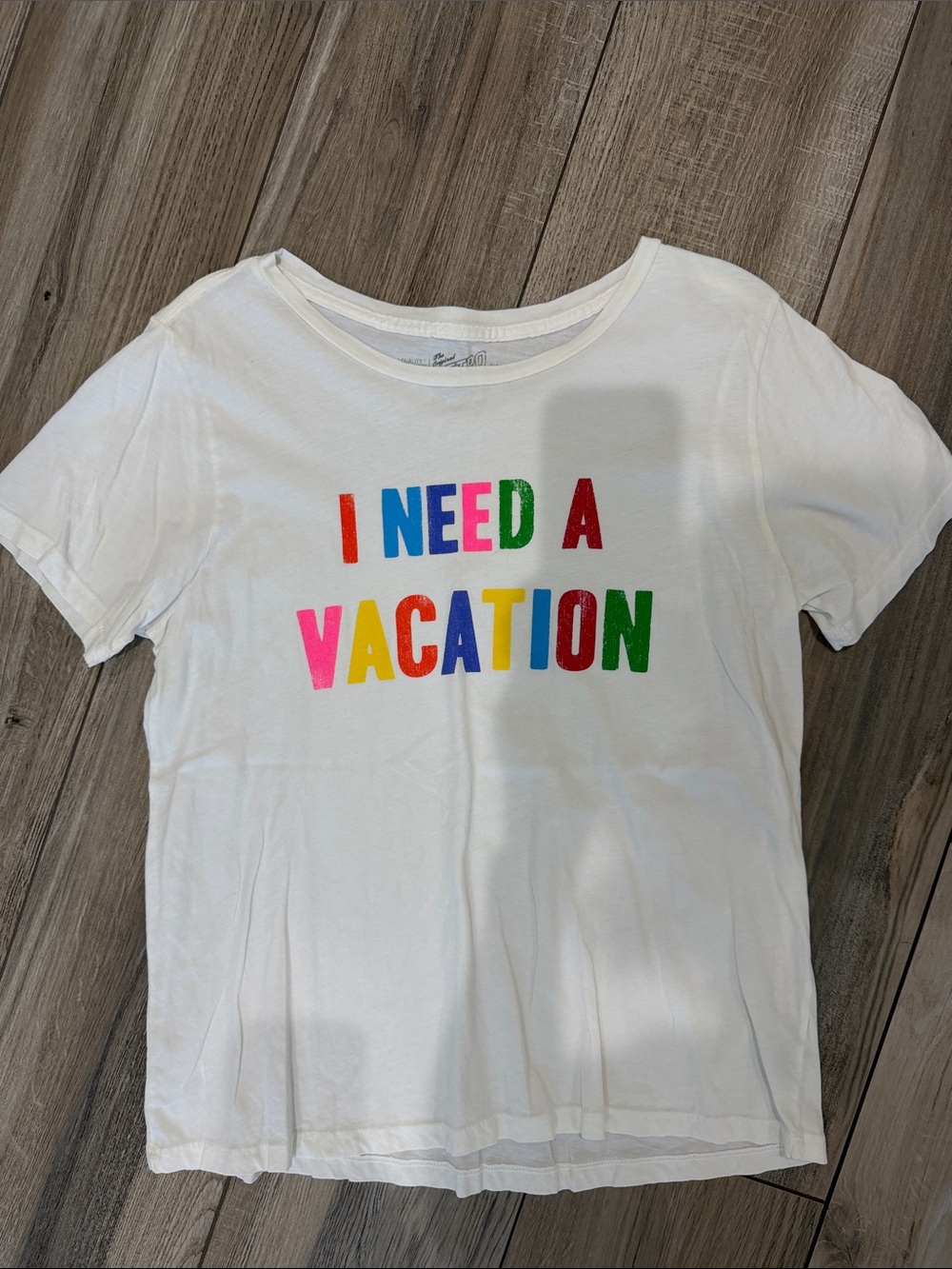 Original Retro Brand White Tee with Multicolor 'I Need A Vacation' Graphic